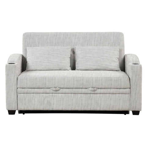 Pull Out Loveseat Sofa With Adjsutable Backrest, 2 Pillows, Cup Holders, USB Ports For Living Room