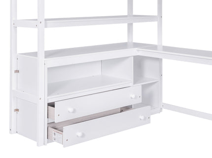 Loft Bed With Desk, Shelves, 2 Drawers, Storage Staircase