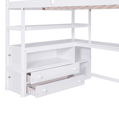 Loft Bed With Desk, Shelves, 2 Drawers, Storage Staircase