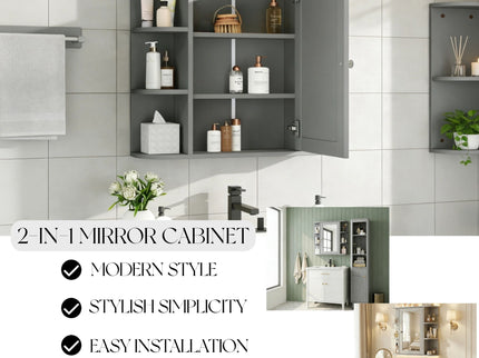 Bathroom Wall Storage Cabinet With Mirror And Adjustable Shelf, 6 Open Shelves