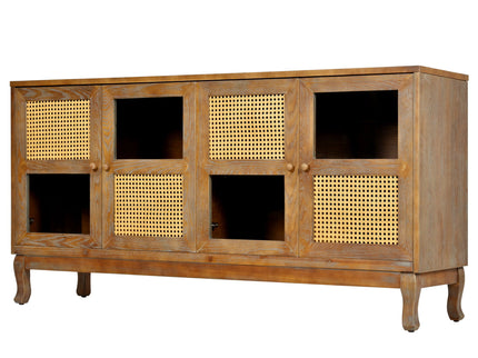 Retro Industrial 4 Door Sideboard With Large Storage, Rattan And Glass Doors