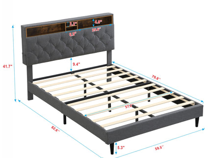 Modern Upholstered Platform Bed Frame With Button Tufted Headboard And USB Ports