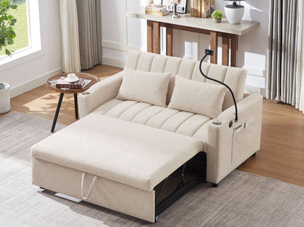 Convertible Sofa Bed Loveseat Sofa With Three USB Ports, Two Side Pockets, Two Cup Holders And 360° swivel Phone Holder For Living Room