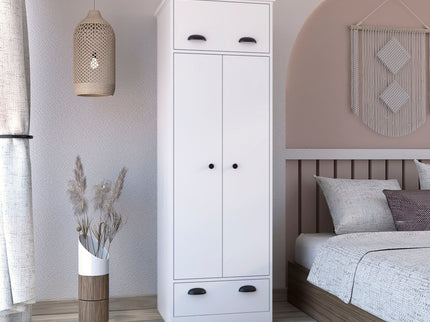 Dresser Closet With Upper Storage Covered With 1 Door, 2 Central Shelves, 1 Tube For Hanging Clothes Covered By 2 Doors, 1 Drawer At The Bottom - White