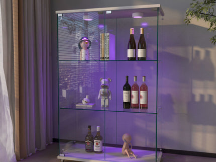 Modern Display Cabinet With LED Lights, Transparent Tempered Glass 2 Door Storage Case With 3 Shelves