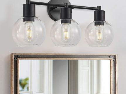 3 Light Globe Bathroom Vanity Light With Clear Glass Shades - Black