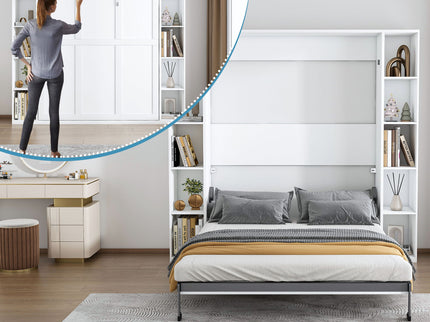 Queen Murphy Bed With Storage Cabinet, Foldable Wall Bed For Bedrooms - White