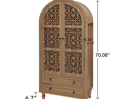 Tall Kitchen Pantry Cabinet With Hollow Carved Doors 2 Drawers And Adjustable Shelves Storage Display Cabinet For Kitchen Dining Room Or Living Room - Walnut