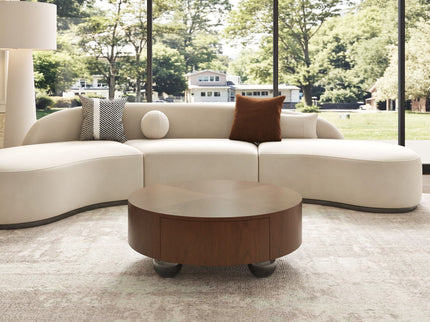 Drum Shaped Coffee Table With Hidden Storage Drawer, Low Profile For Living Room - Walnut