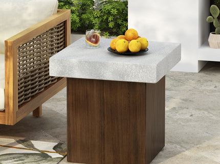 Mgo Square Side Table With Faux Stone Top And Wood Frame - Antique White / Natural Wood