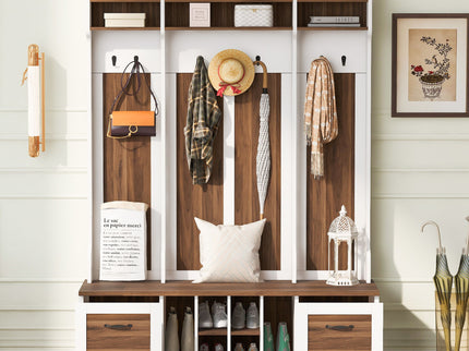 5 In 1 Entryway Bench With Coat Rack, 7 Sturdy Hooks, 2 Spacious Drawers And Adjustable Shelves