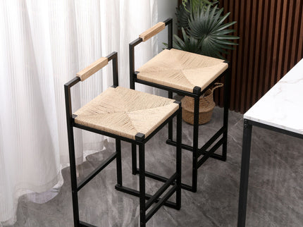 Stylish (Set of 2) Bar Stools With Backrest And Paper Rope Woven Seat, Counter Height Dining Chairs For Kitchen - Natural