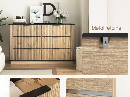 Modern 6 Drawer Cabinet With Metal Rounded Corners And Exquisite Handles Multi Functional Storage - Natural Wood