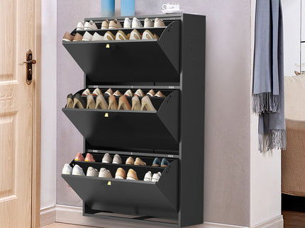 3 Drawer All Steel Shoe Cabinet, Freestanding Storage Organizer With Flip Door