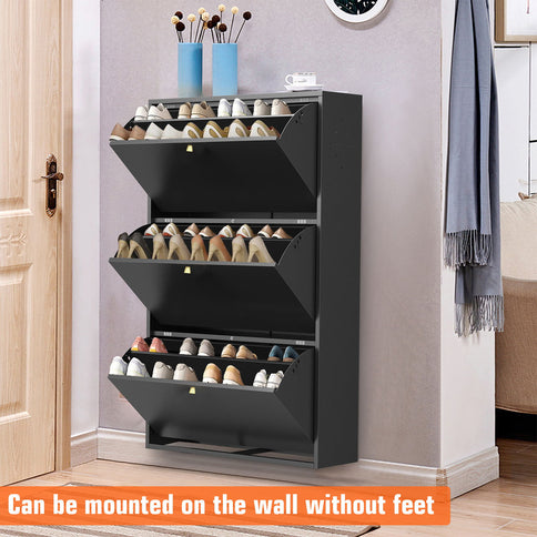 3 Drawer All Steel Shoe Cabinet, Freestanding Storage Organizer With Flip Door