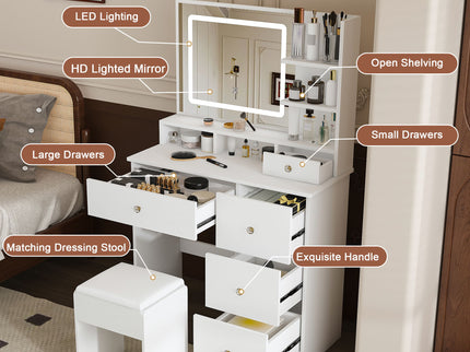 Vanity Desk With Mirror, 3 Color Lighting And Stool