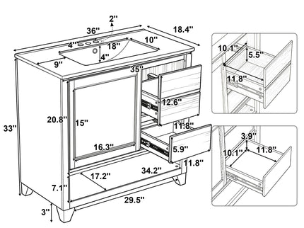 36" Bathroom Vanity With Sink, Soft Close Drawers - Natural