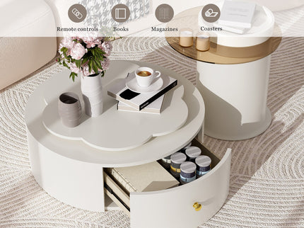 Modern Round Coffee Table (Set of 2), 360 Degree Rotatable Flower Shaped Top With 2 Drawers, Top Circle Side Table End Table With Glass For Living Room - Off White