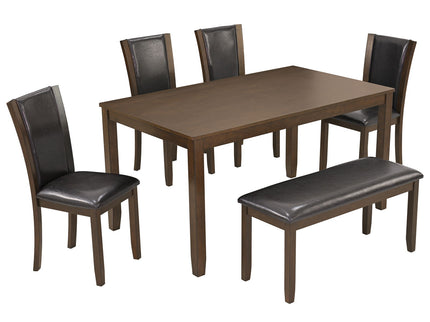 6 Piece Dining Table Set & Bench And Chairs For Dining Room - Dark Walnut