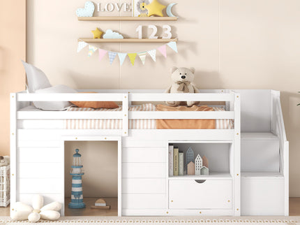 Low Loft Bed With Stair, Drawer, And Shelf