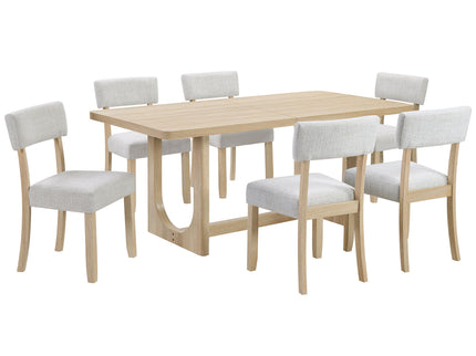 7 Piece Dining Table Set For 6, Rectangular Table & 6 Upholstered Chairs, Sturdy U - Shaped Base For Dining Room - Light Oak