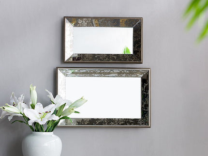 Antique Rectangle Mirror With Floral Accents, Mirrored Display Tray, Hanging Wall Mirror