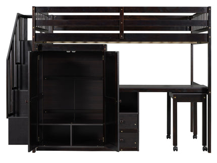 Loft Bed With Stairs, Bookshelf, Drawers, Desk & Wardrobe, Space Saving Multifunctional Furniture