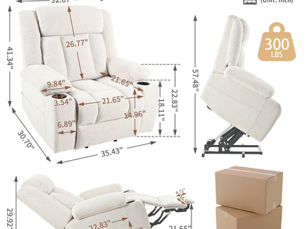 Power Lift Recliner Chair With Extended Footrest, Remote Control, Cup Holders, And Side Pockets