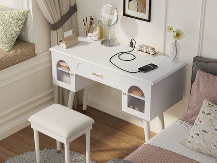 Elegant Vanity Makeup Table & Chair Set Modern Dressing Table With Organizer Writing Desk Charging Port Engineered Wood - White