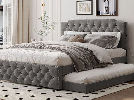 Upholstered Platform Bed With Trundle And 2 Sets Of USB Ports On Each Side, Fabric