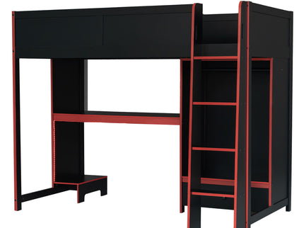 Gaming Loft Bed With Built In Desk, Wardrobe, LED Lighting And Drawer