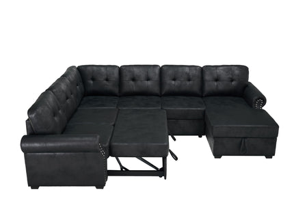 U Shape Sectional Sleeper Sofa With Pull Out Bed And Storage Chaise - Black