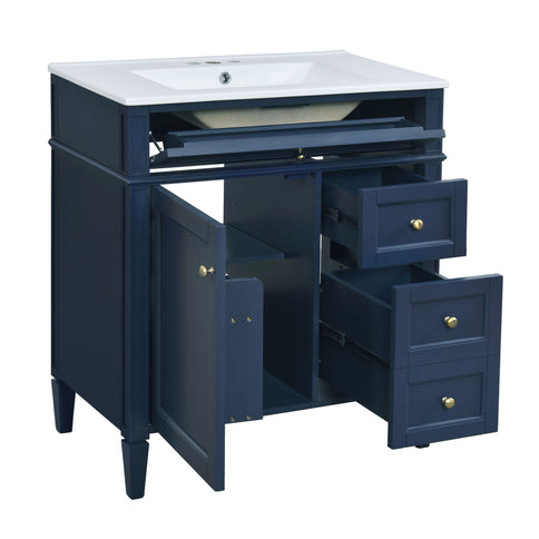 Bathroom Vanity With Top Sink, 2 Doors And 3 Drawers, Freestanding Set With Mirror Cabinet