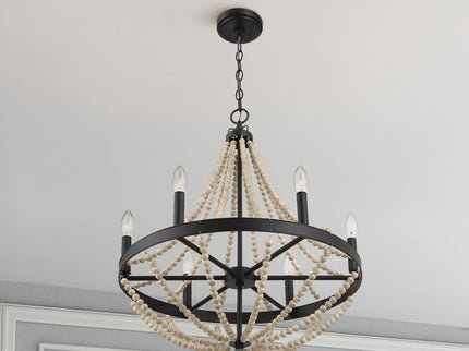 Starry - Chandelier 6 Candle Light Wood Beaded Pendant Light For Dining Room - Black / Clear