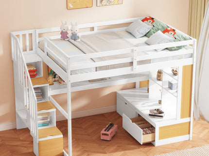 Full Size Loft Bed With Desk And Shelves, 2 Built In Drawers, Storage Staircase - Natural / White