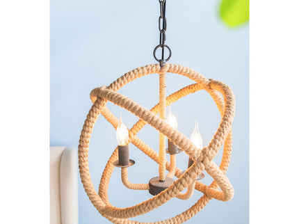3 Light Farmhouse Chandelier, Rope Chandelier Globe Hanging Light Fixture With With Adjustable Chain For Kitchen, Bulb Not Included - Beige Brown