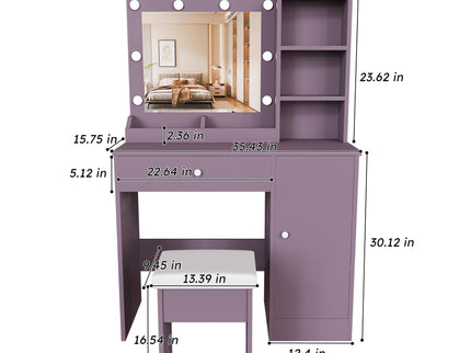 Vanity Desk Set With Padded Stool And Adjustable LED Mirror, 3 Color Light Modes - Purple