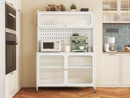 Contemporary Kitchen Pantry Cabinet With Glass Doors, Adjustable Shelves, Steel - Brushed Nickel