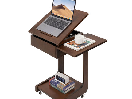 C - Shaped End Table, Rolling With 360° Adjustable & Foldable Desktop, Couch Table With Laptop Stand For Living Room - Walnut