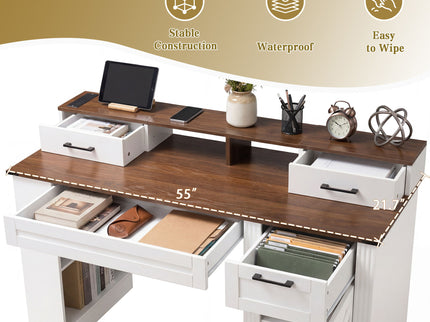 Office Desk With Storage Cabinet, Charging Station, Monitor Stand & Pegboard