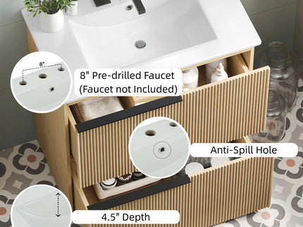 Fluted Bathroom Vanity With Ceramic Sink, Soft Close Slides