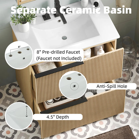 Fluted Bathroom Vanity With Ceramic Sink, Soft Close Slides