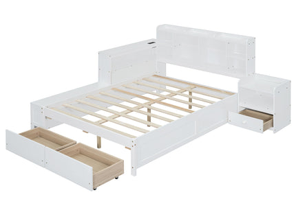 Platform Bed With Multi Functional Storage Space, Nightstand, 2 Drawers, USB Ports And Desk