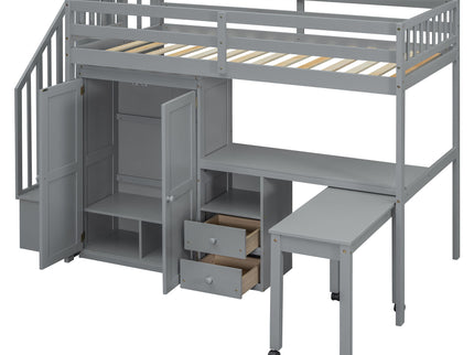 Loft Bed With Stairs, Bookshelf, Drawers, Desk & Wardrobe, Space Saving Multifunctional Furniture