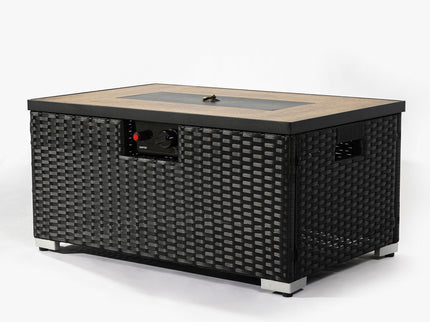 32" Propane Gas Fire Pit Table With Propane Tank Cover, 50000 Btu Rectangular Steel Fire Pit With Beautiful Wicker Base