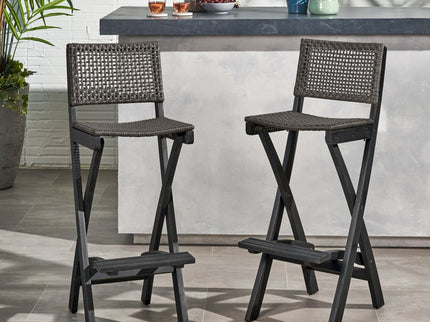 Outdoor Folding Acacia Wood Barstools With Rattan Backrest And Seat