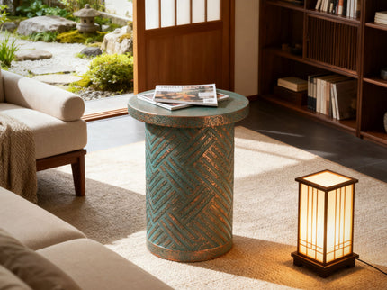 Round Outdoor End Table With Tree Stump Design For Patio - Golden / Green / Peacock