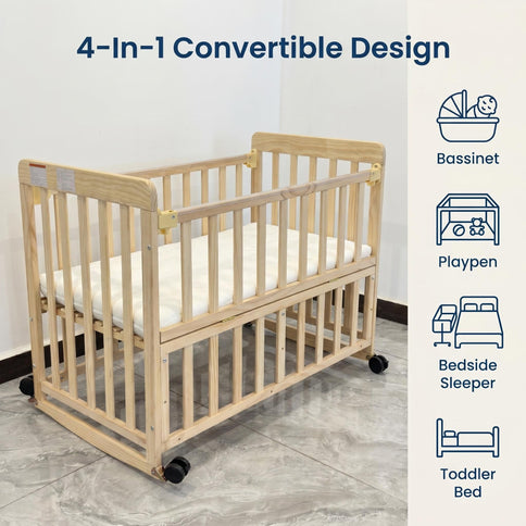 Portable Bedside Bassinet With 3 Adjustable Heights, Mini Crib For Newborns - Natural Wood