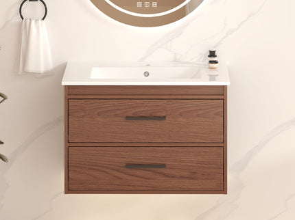Wall Mounting Bathroom Vanity With Soft Close 2 Drawer, Sink - Reddish Brown