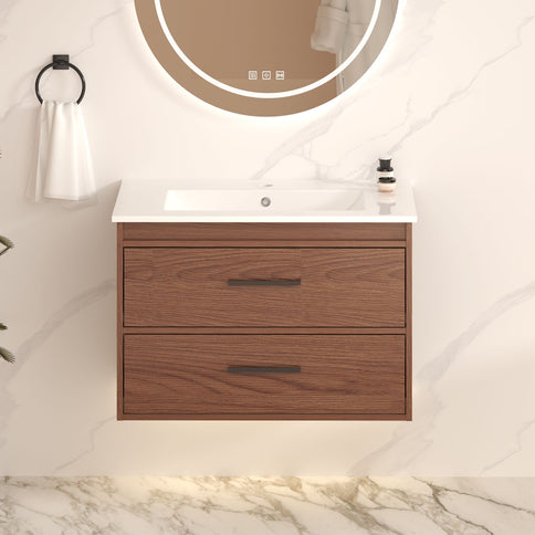 Wall Mounting Bathroom Vanity With Soft Close 2 Drawer, Sink - Reddish Brown